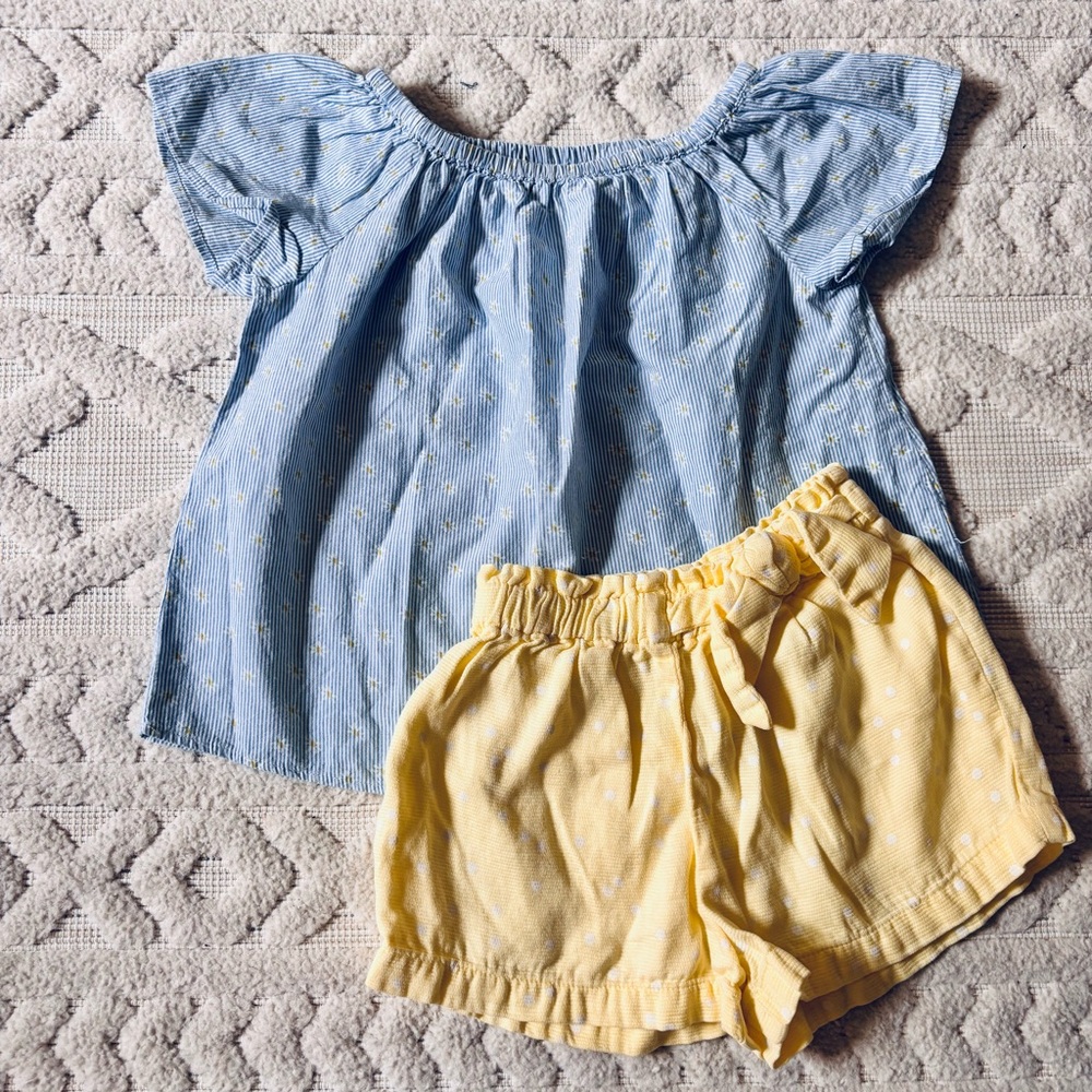 Zara Girls 2-Pc set Blue Stripe Daisy Print Top + Yellow Dot Print Shorts, 3/4Y